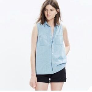 Madewell Blue Chambray Button Down Sleeveless Pocket Shirt Top M